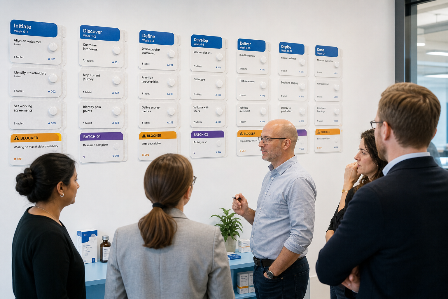 Agile consulting board showing controlled delivery cadence